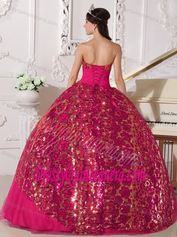 Great Hot Pink Strapless Floor-length Tulle Quinceanera Dress with Sequin for Cheap