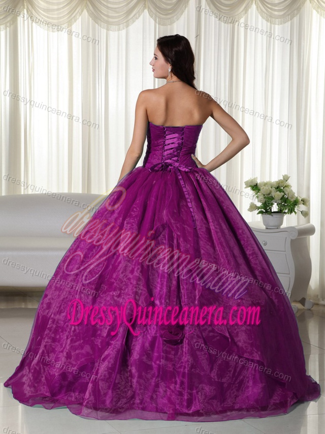 Strapless Floor-length Fuchsia Organza Dress for Quinceanera with Beading on Sale