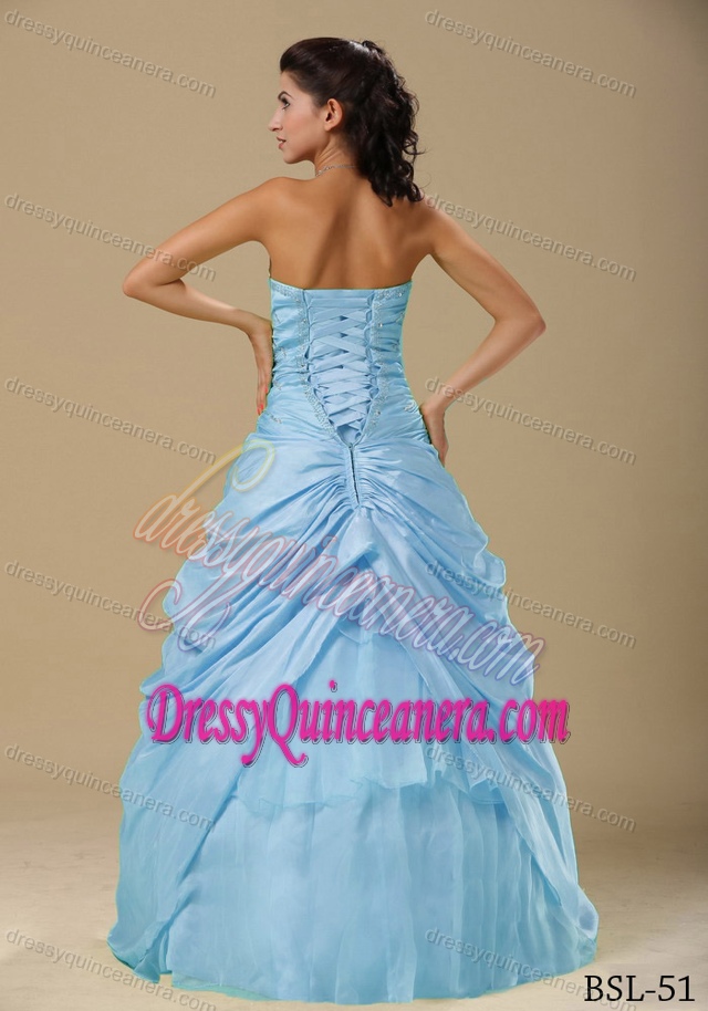 Ruched Sweetheart Blue Taffeta Quinceanera Dress with Beading and Flower on Sale