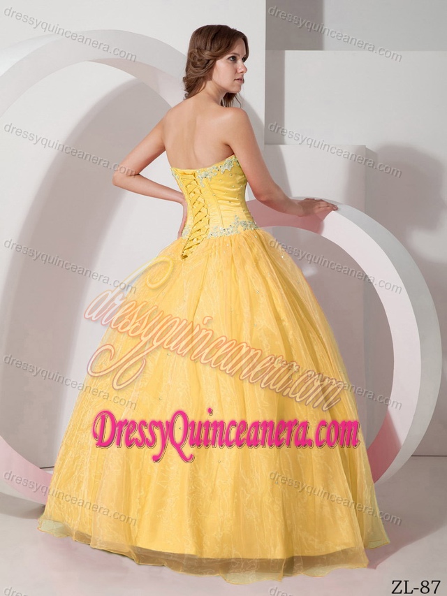 Pretty Bright Yellow Sweetheart Organza Sweet 16 Dresses with Appliques for Cheap