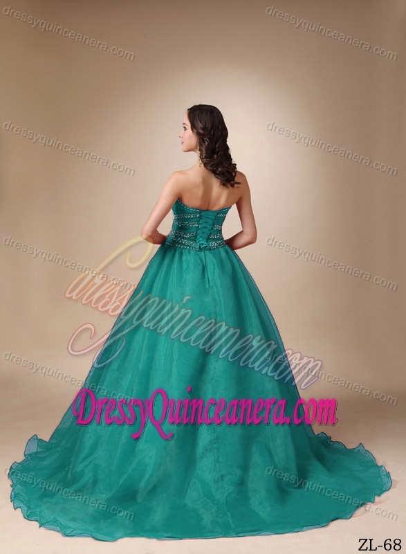 Sweetheart Turquoise Brush Train Organza Sweet 16 Dress with Beading and Ruching