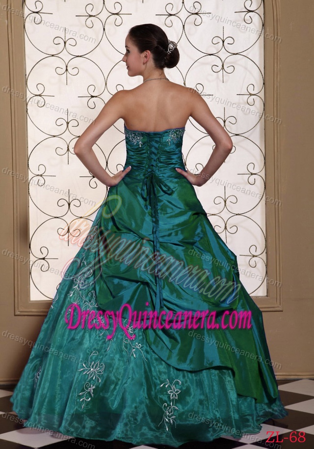 Top Seller Strapless Teal Taffeta and Organza Quinceanera Dresses with Embroidery
