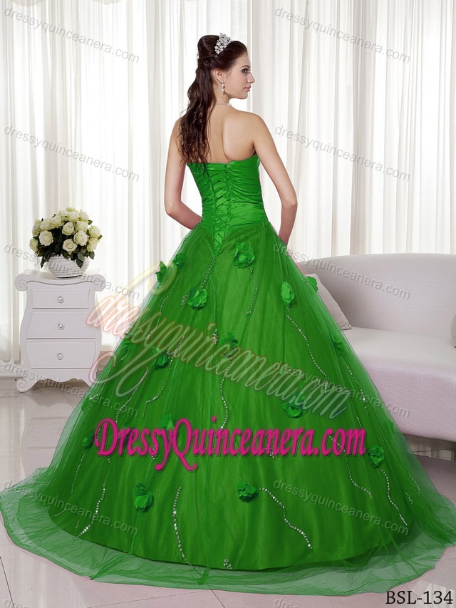 Spring Green Sweetheart Brush Train Tulle Ruched Quinceanera Dresses with Flowers
