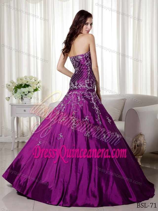 Sweetheart Fuchsia Princess Floor-length Taffeta Embroidered Quinceanera Dresses