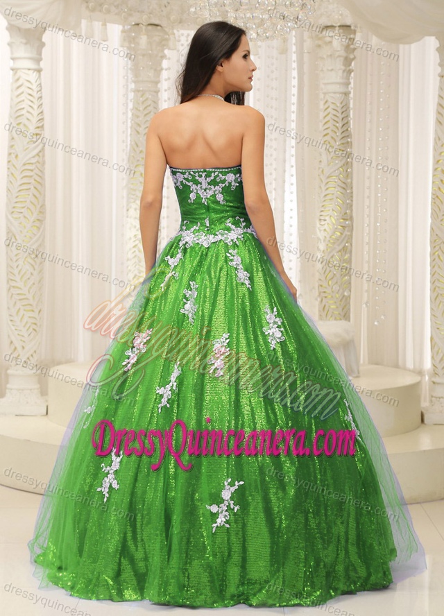 2014 Wonderful Green Sequin and Tulle Strapless Quinceanera Dress with Appliques