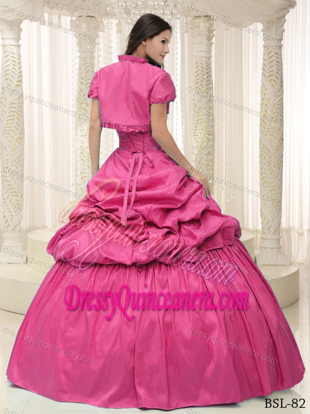 Sweetheart Rose Pink Taffeta Beaded Quinceanera Dresses with Pick-ups and Jacket