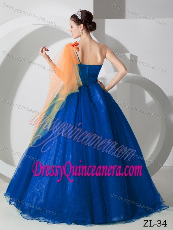 One-shoulder Royal Blue Organza Quinceanera Dresses with Orange Flowers on Sale
