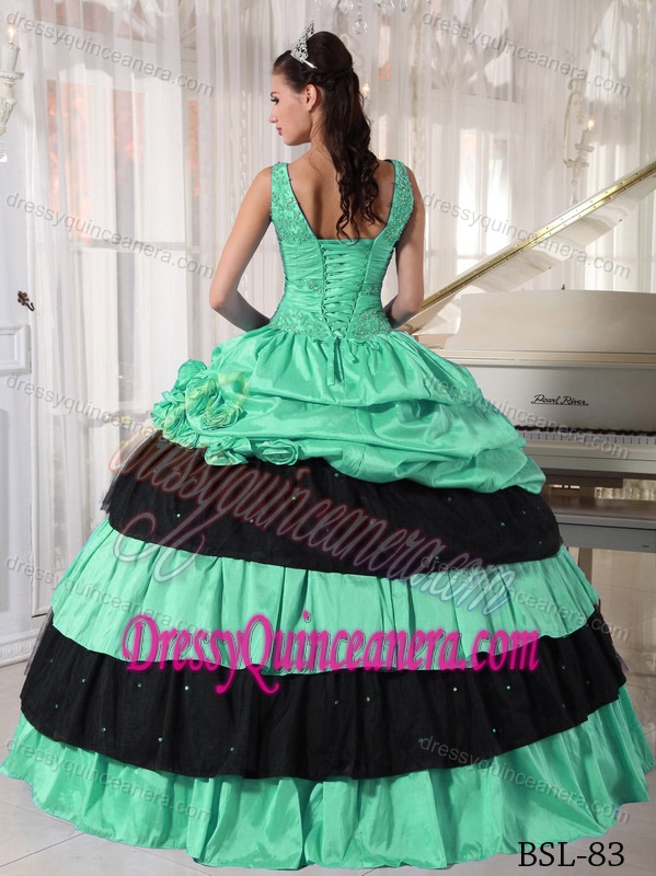 V-neck Turquoise and Black Appliqued Quinceanera Dress with Pick-ups and Flower