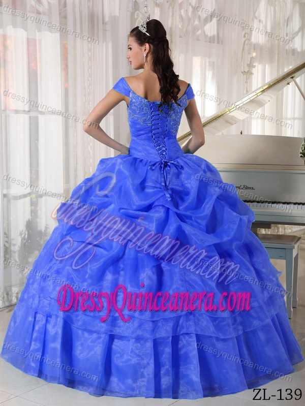 off-the-shoulder Blue Organza Quinceanera Dress with Pick-up and Beading on Sale