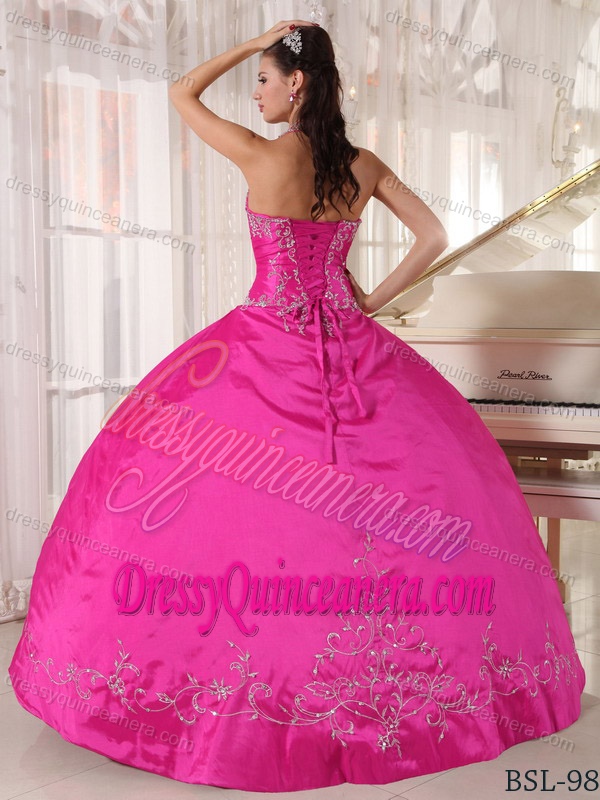Wonderful Hot Pink Halter V-neck Taffeta Quinceanera Gown Dress with Embroidery