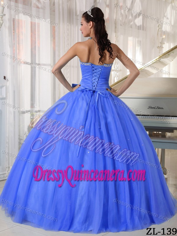 Desirable Blue Sweetheart Tulle Ball Gown Quinceanera Dress with Beading and Bow