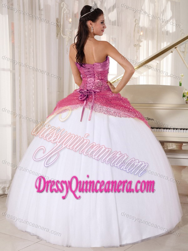 Popular Spaghetti Straps Ruched Rose Pink and White Quinceanera Dress with Sequin