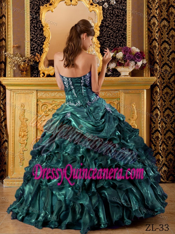 New Hunter Green Sweetheart Organza Quinceanera Dress with Ruffles and Appliques