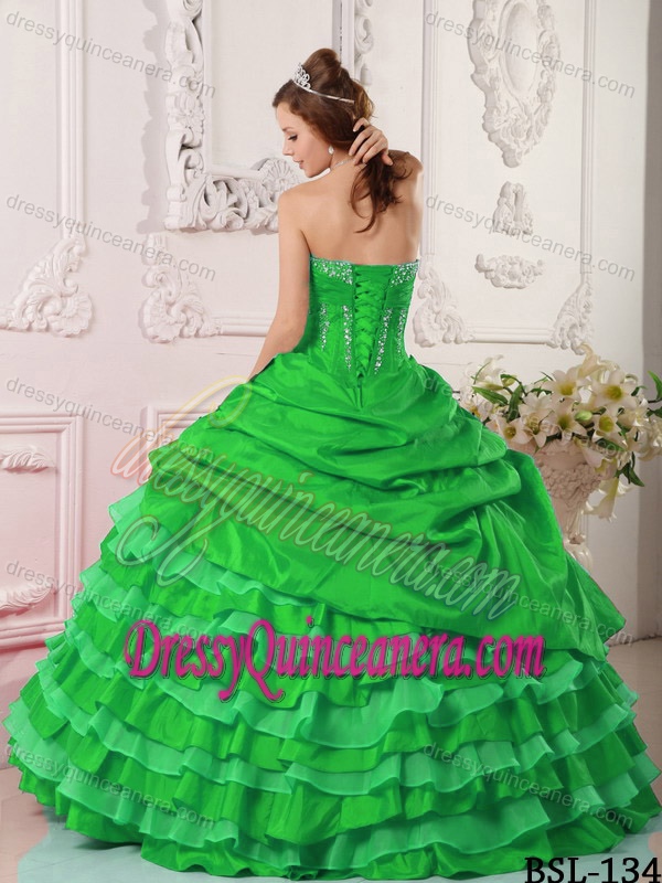 Spring Green Strapless Layered Taffeta Quinceanera Dress with Pick-ups and Beading