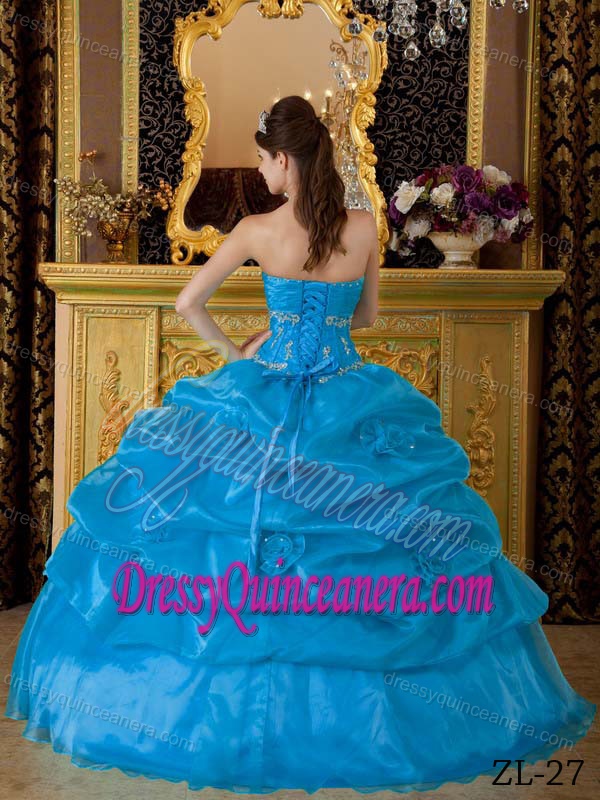 Sweetheart Appliqued Organza Quinceanera Gowns with Pick-ups in Teal on Sale