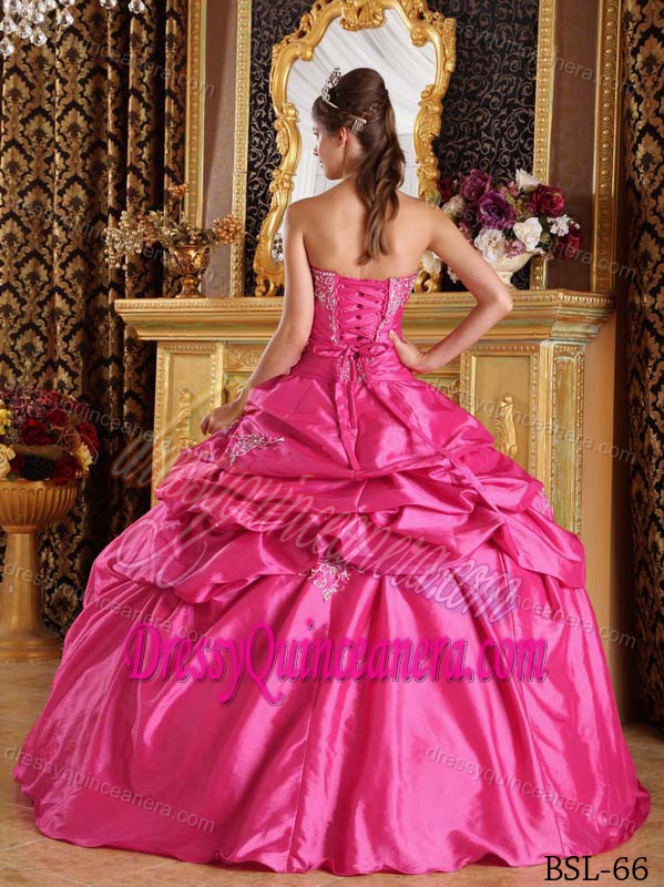 Strapless Taffeta Dress for Quince with Pick-ups and Appliques in Hot pink 2013