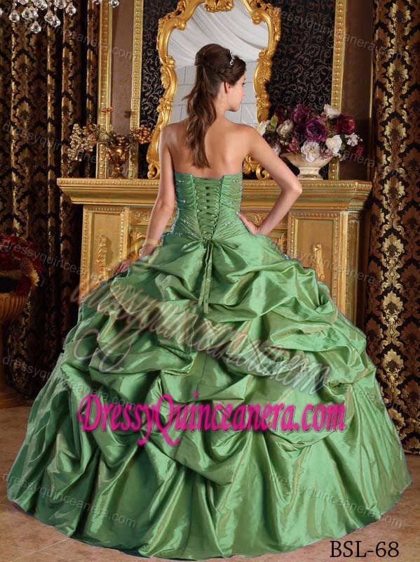 Discount Beaded Green Quinceanera Gown with Pick-ups and Handmade Flowers