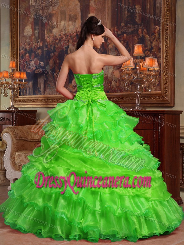 Spring Green Ball Gown Dress for Quince with Appliques and Ruffles in Organza