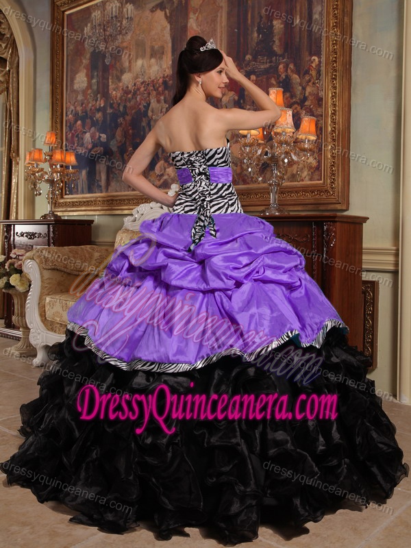 New Stylish Purple and Black Ruffled Sweet 15 Dresses with Pick-ups and Zebra