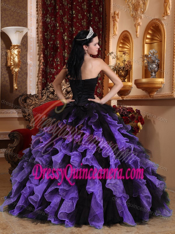 Pretty Sweetheart Quince Dresses with Ruffles and Beadings in Purple and Black