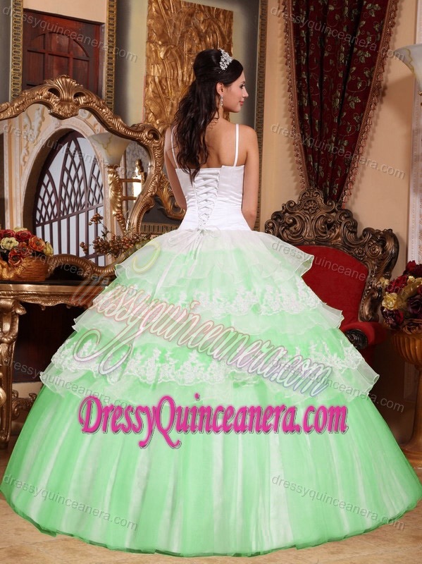Sweet Spaghetti Straps Quinceanera Gown with Layers in Spring Green and White