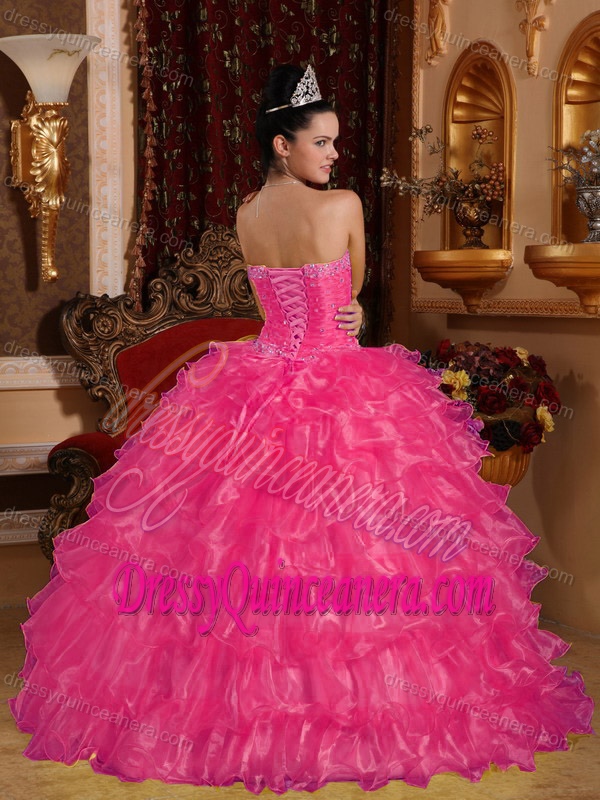 Beading Strapless Organza 2013 Quinceanera Dress with Ruffled Layers in Hot Pink