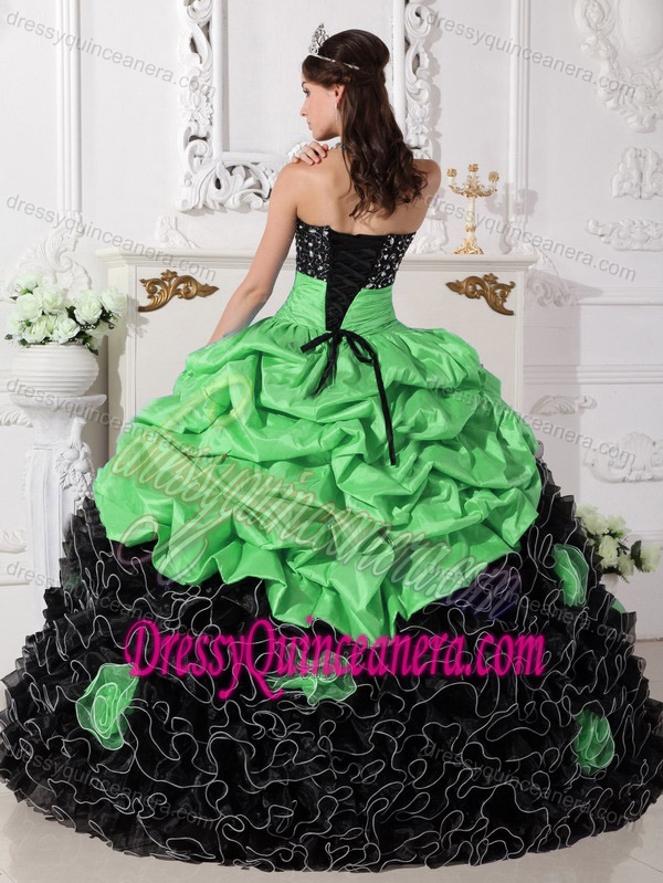 Black and Green Ruffled Sweet Sixteen Quince Dresses with Beads and Pick-ups