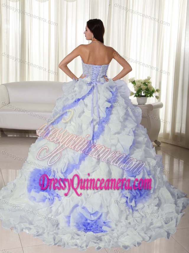 White and Lilac Ruffled Dresses for Quince with Appliques and Rolling Flowers