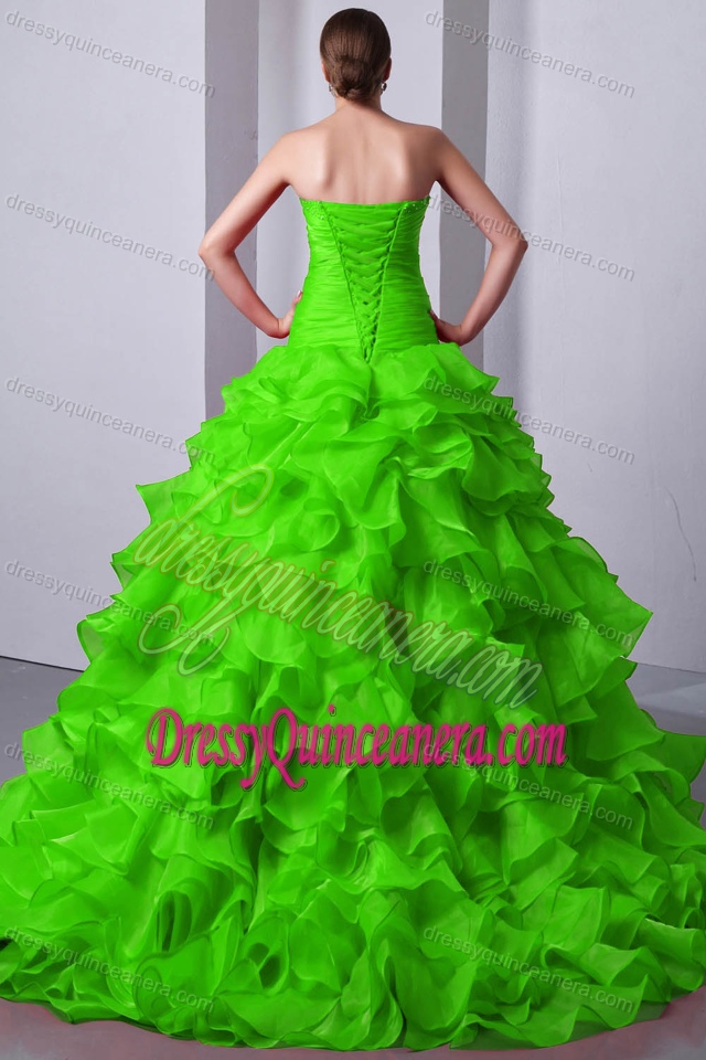 Ruched and Ruffled Quinceanera Dress with Beads and Appliques in Spring Green