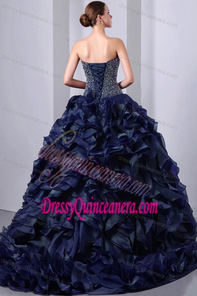 Navy Blue Beading and Ruching Sweet Sixteen Quinceanera Dresses with Ruffles