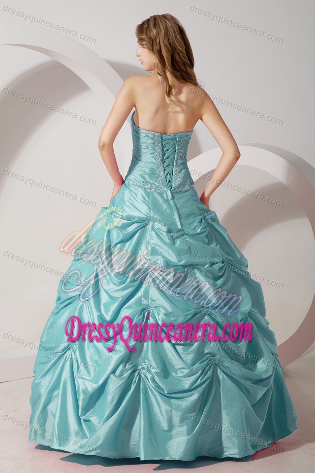 Baby Blue A-line Ruched Sweet 16 Dress with Appliques and Pick-ups in Taffeta