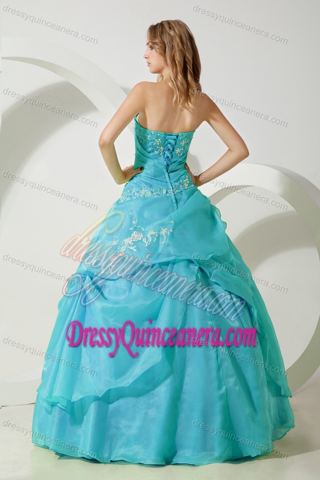 Strapless Floor-length Quince Dresses with Embroidery and Ruches in Aqua Blue