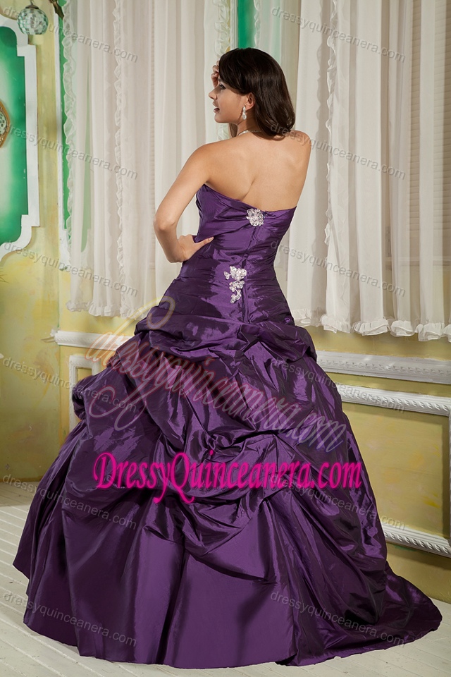 Discount Appliqued Taffeta Sweet 16 Dresses with Pick-ups in Eggplant Purple