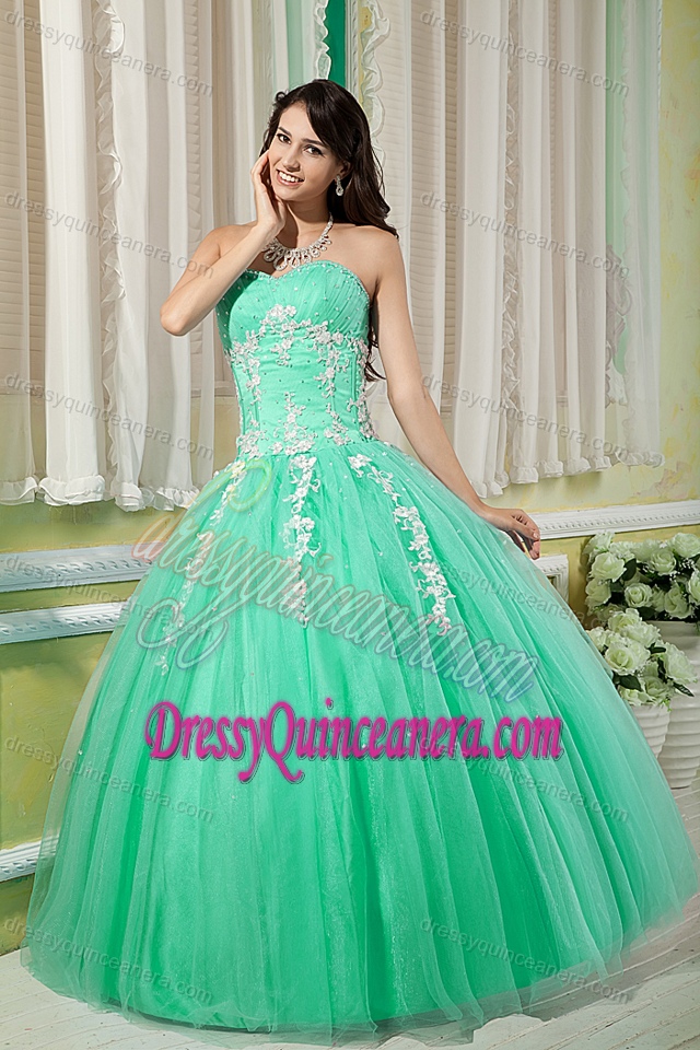 Cheap Beading Quinceanera Gown with White Appliques in Apple Green on Sale