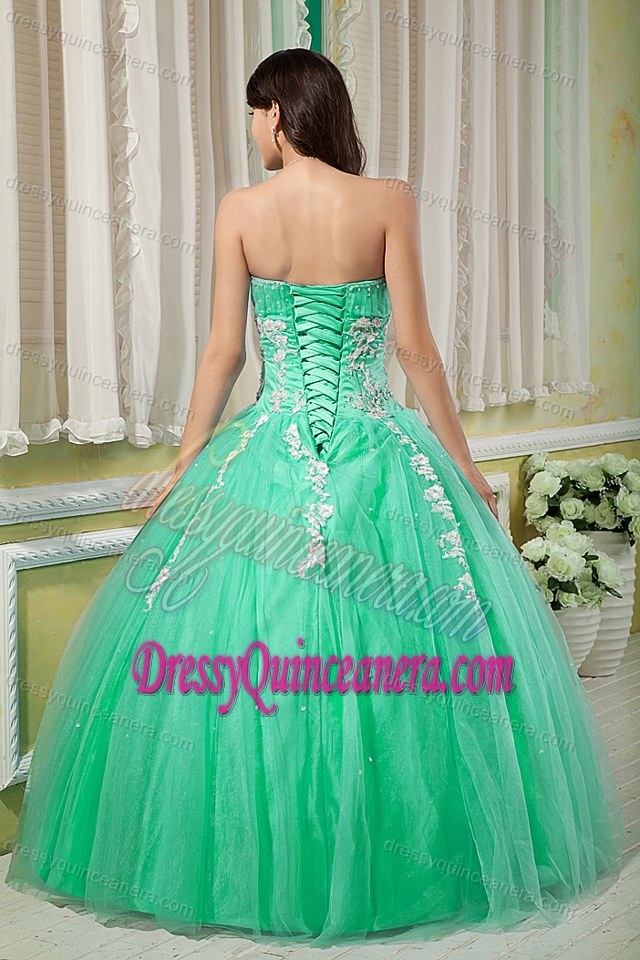 Cheap Beading Quinceanera Gown with White Appliques in Apple Green on Sale