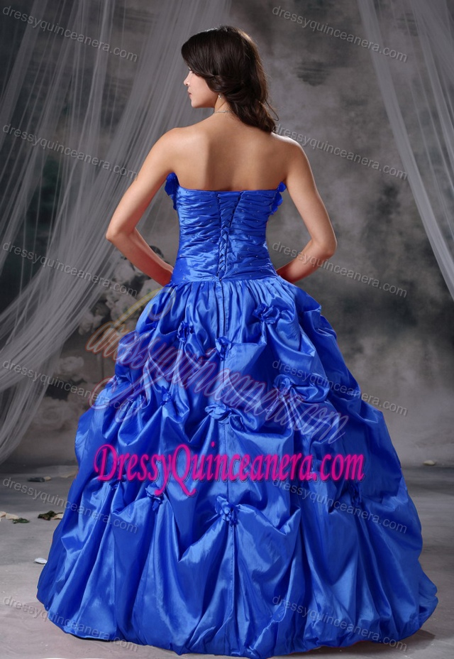 Ruching Taffeta Dress for Quince with Pick-ups and Handmade Flowers in Blue