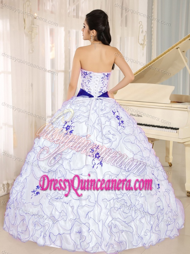 2013 White and Blue Ruffled Sweet Sixteen Quinceanera Dress with Embroidery
