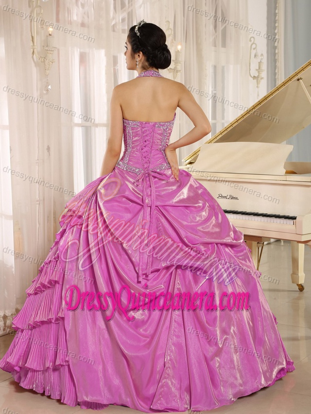 Halter-top Hot Pink Beading Quinceaneras Dress with Pleats and Layers on Sale