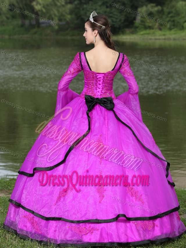 Most Popular V-neck Long Sleeves Appliqued Hot Pink Quinceanera Gown