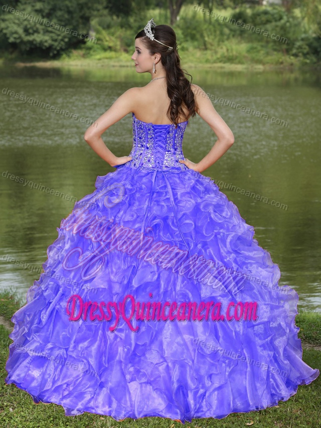 Blue Sweetheart Beaded and Ruffles Layered Quinces Dresses in Organza
