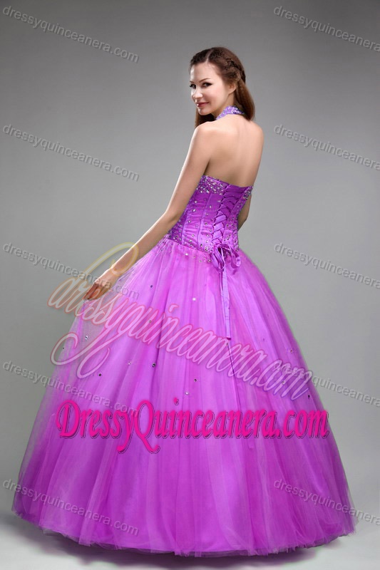 Purple Halter Floor-length Tulle Quince Dresses with Beading on Promotion