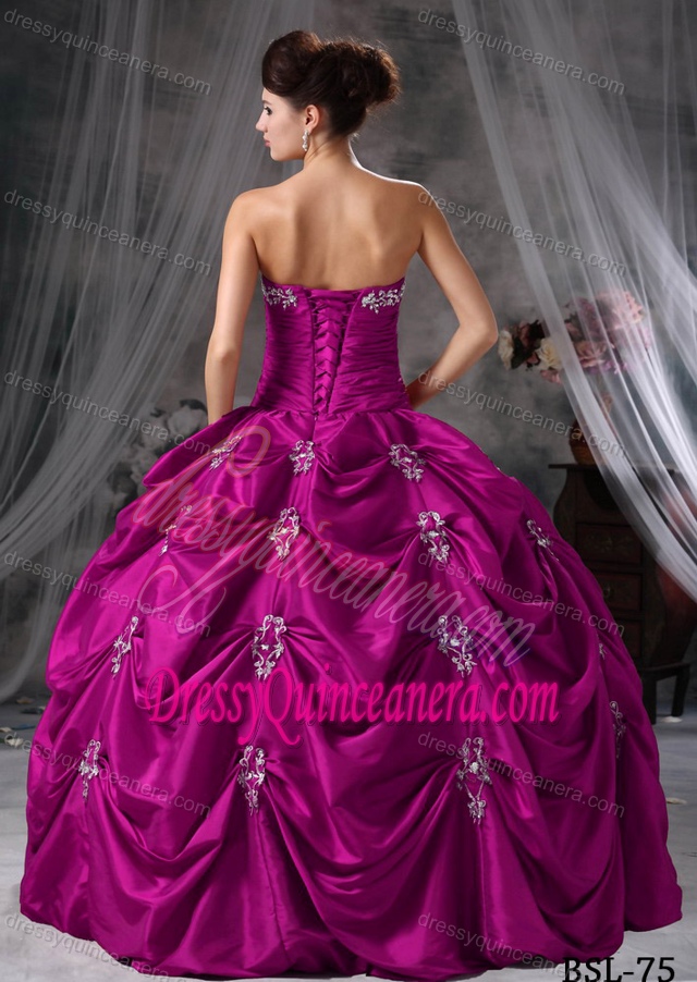 Most Popular Appliqued Strapless Taffeta Dresses for Quince in Fuchsia