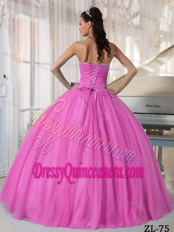 Pretty Sweetheart Rose Pink Tulle Quinceanera Gowns with Bowknot on Sale