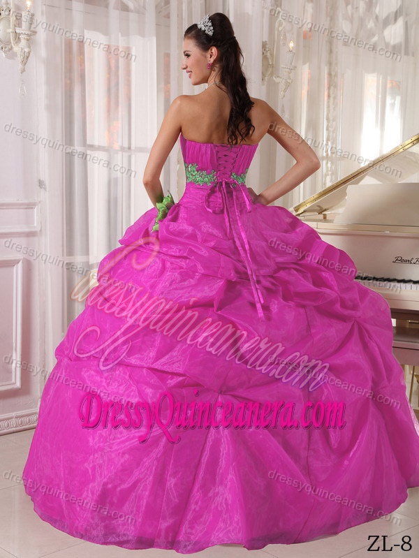 Fuchsia Sweetheart Organza Quinceanera Dresses with Appliques for Cheap