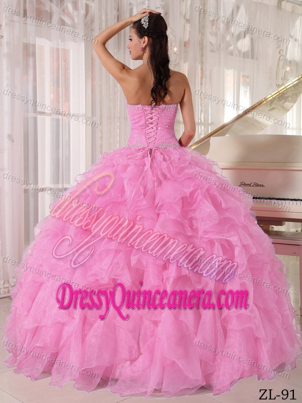 Beaded Strapless Baby Pink Dresses for Quince with Ruffles in Organza