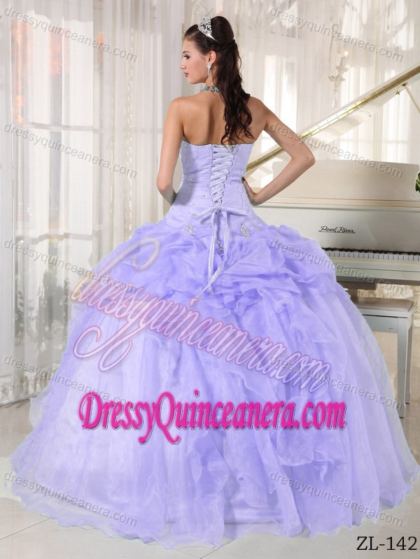 Lilac Strapless Organza Beaded Quinceanera formal Dresses with Ruffles
