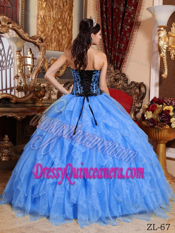 Blue Embroidery Sweetheart Organza Quinceanera formal Dress wtih Ruffles