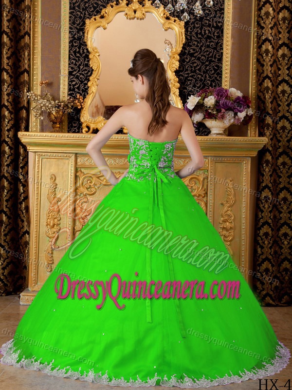 Spring Green Strapless Tulle Lace Quinceanera Dress with Appliques on Sale