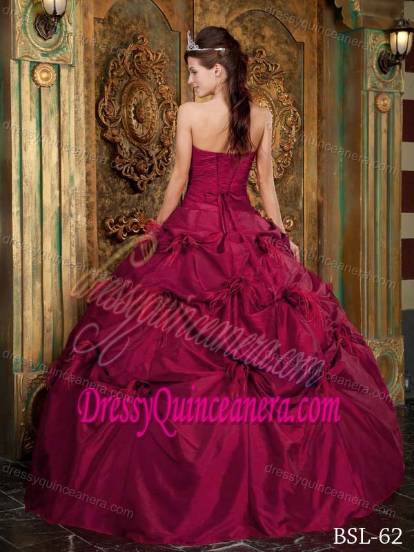 New Wine Red Strapless Taffeta Quinceanera Dress with Hand Made Flowers