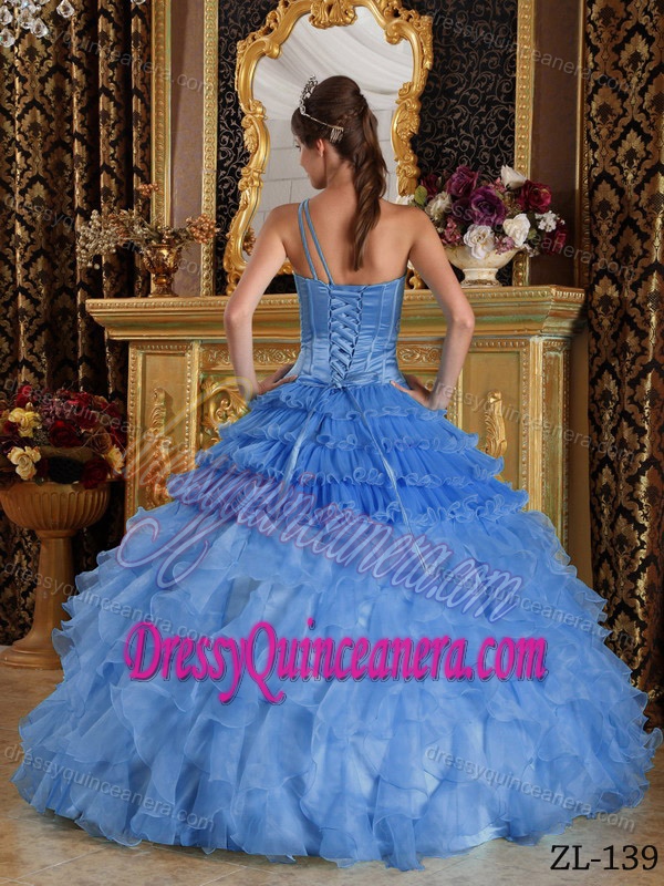 Blue One Shoulder Beaded Quinceanera Dress with Ruffled Layers on Sale